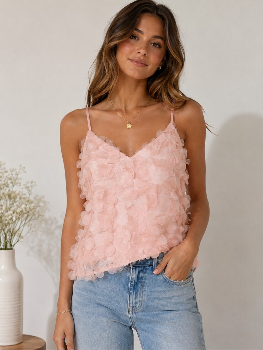 Sunday in Brooklyn Pink 3D Floral Appliqué Cami Tank Top Size S